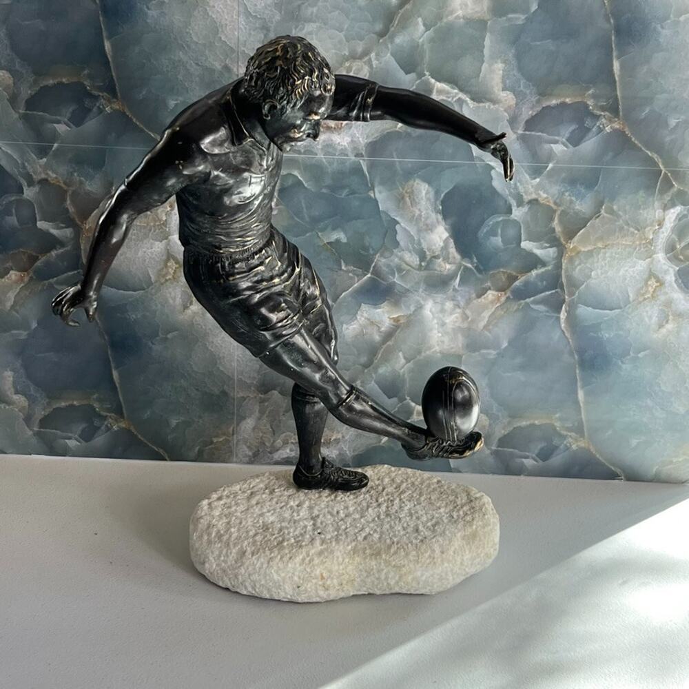Vtg 60s Circa Bronze Sculpture 16.5" Rugby Player Kicking a Ball On a Stone Base